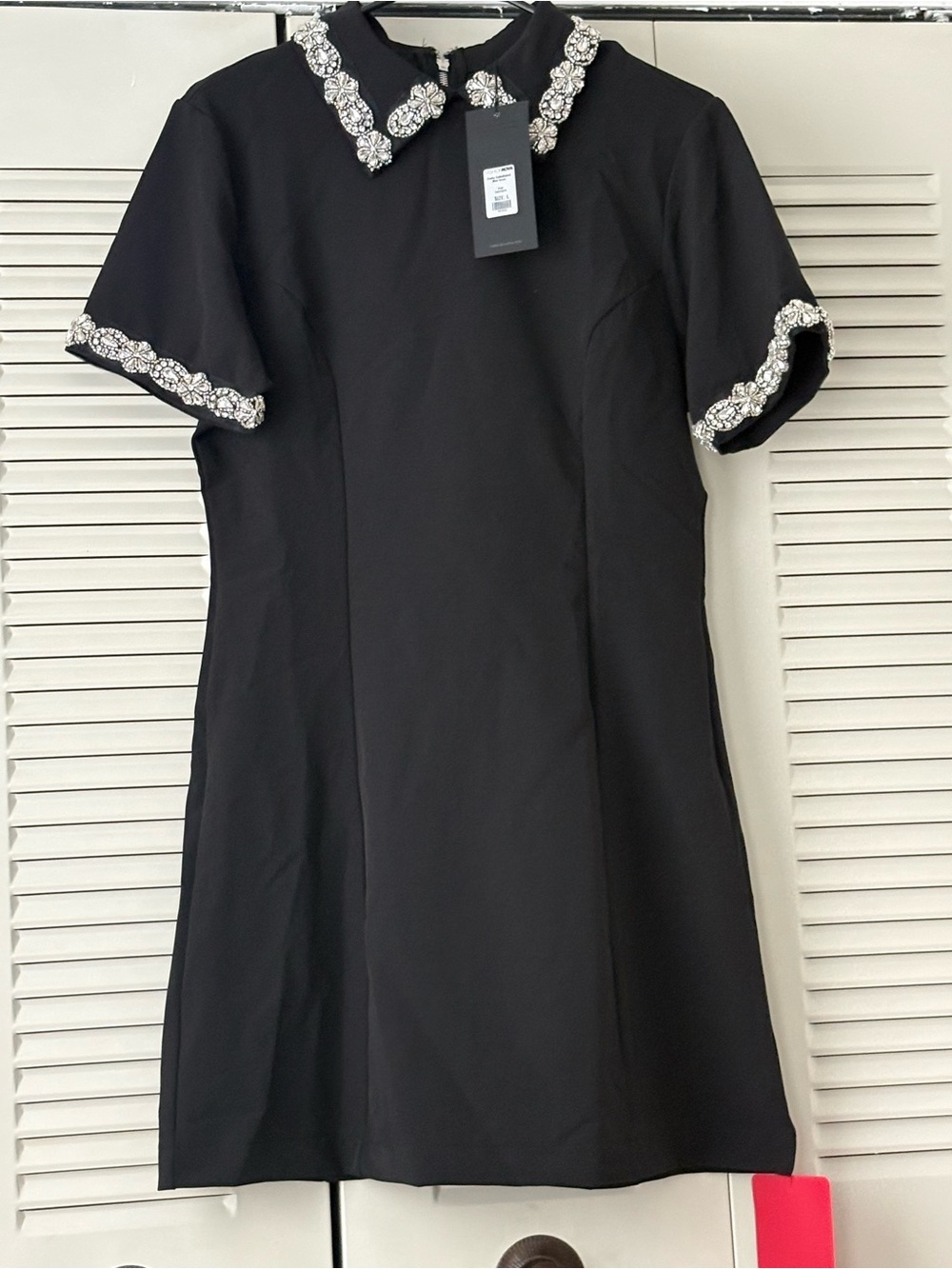 Black Embellished Collar & Cuff Short-Sleeve Dress